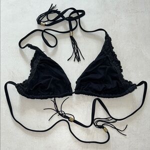 Beach Bunny L Black Triangle Bikini Top Crochet Lace Detail Tassel
